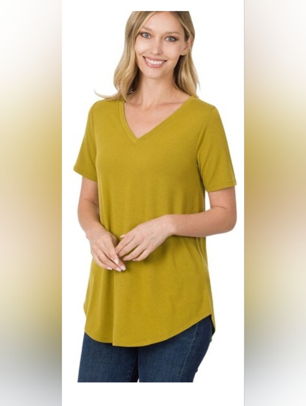 ZENANA V-Neck Short Sleeve Lightwight Relaxed Fit Top in Olive Mustard New